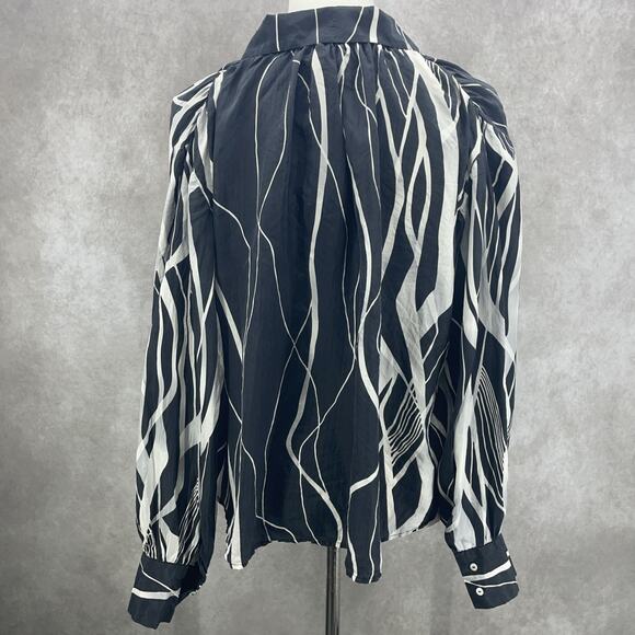 90s Y2K Alexandra Bartlett Womens L Silk Blouse Abstract Black White Button Up - Picture 3 of 7